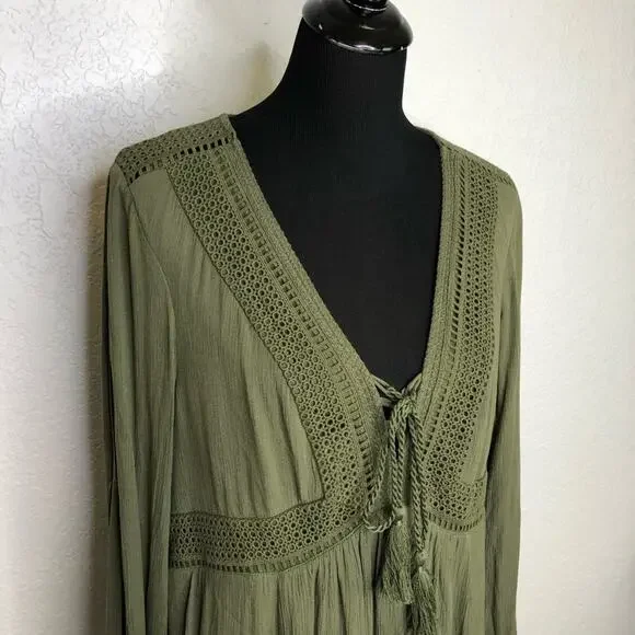 Torrid army olive green slit sleeve tassel boho peasant dress size 0 or Large - Picture 4 of 16